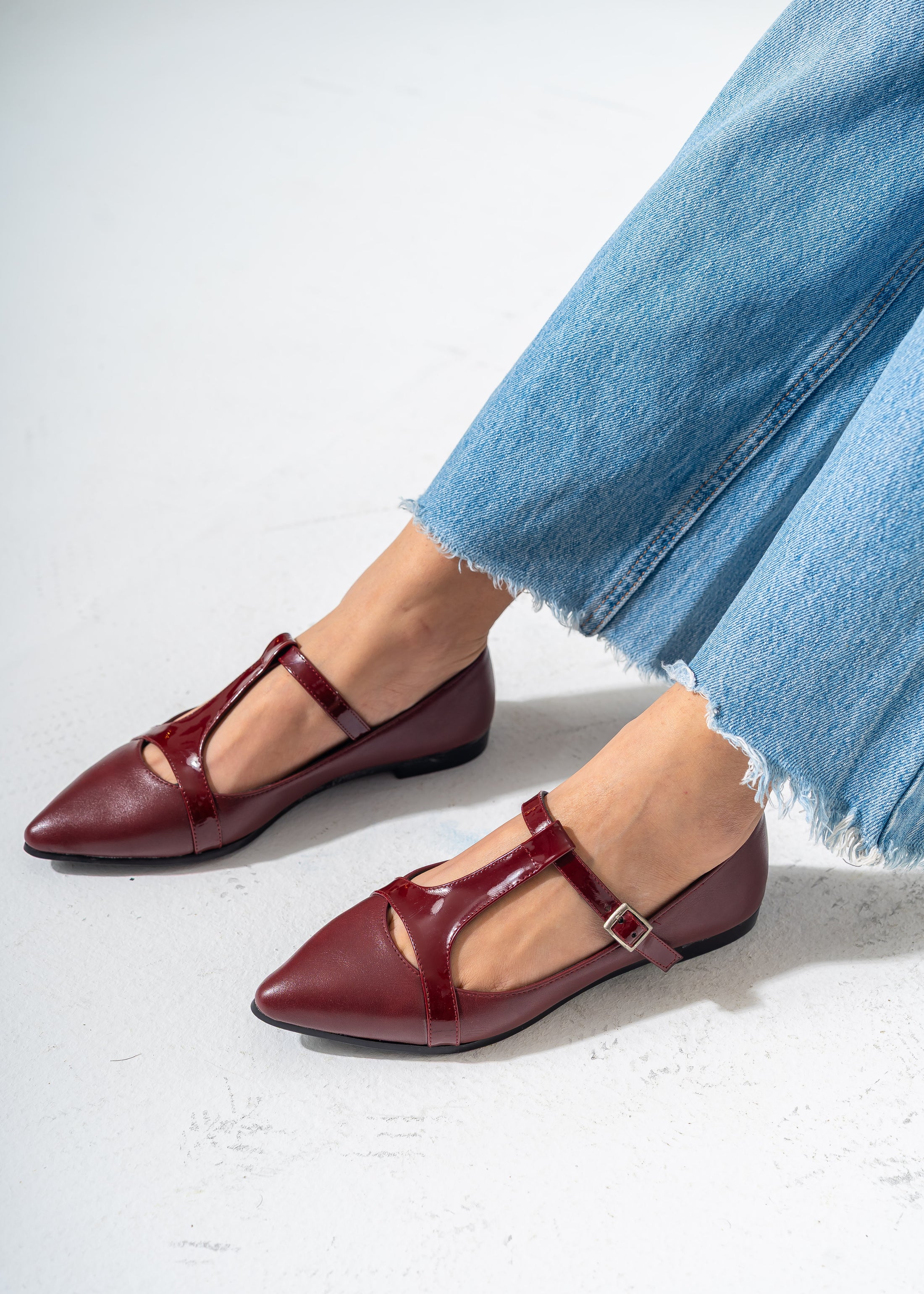 Pointed-Toe T-Strap Mary Jane Flats-MAROON