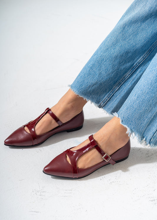 Pointed-Toe T-Strap Mary Jane Flats-MAROON