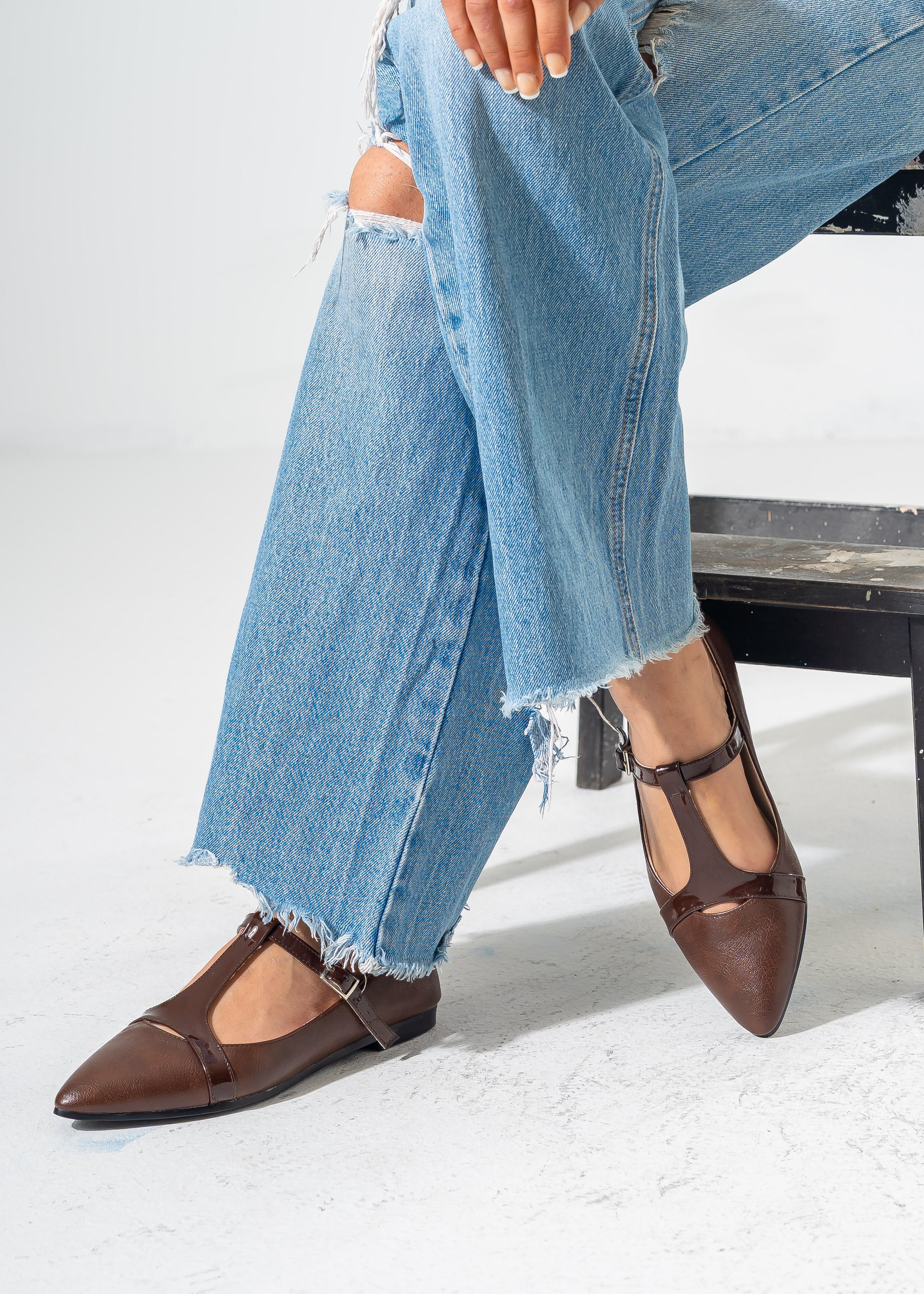 Pointed-Toe T-Strap Mary Jane Flats-BROWN