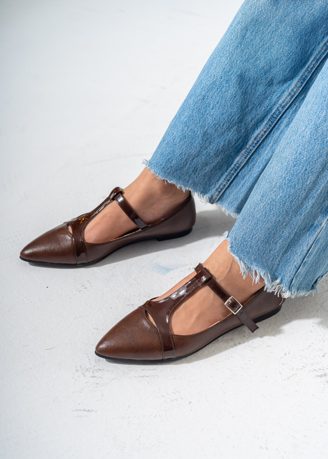 Pointed-Toe T-Strap Mary Jane Flats-BROWN