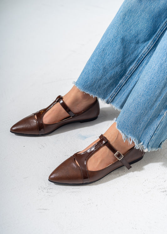 Pointed-Toe T-Strap Mary Jane Flats-BROWN