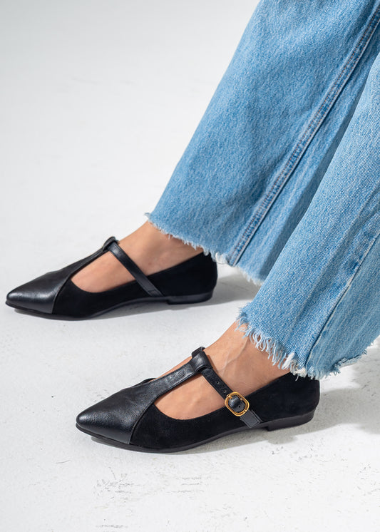 Pointed Toe T-Strap Flats-BLACK