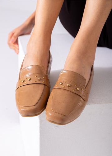 Square Toe Studded Flats-cafe
