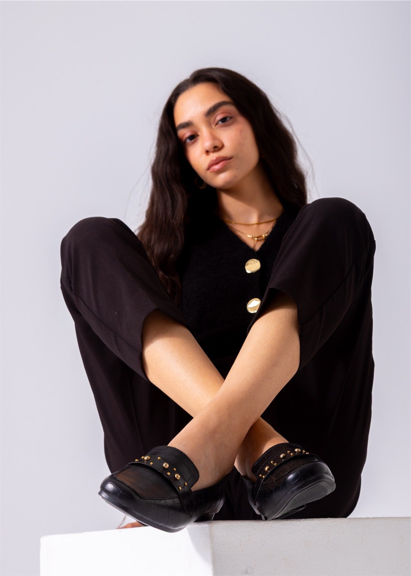 Square Toe Studded Flats-black