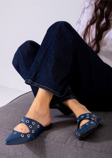 Studded Pointed Backless Mule-dark blue