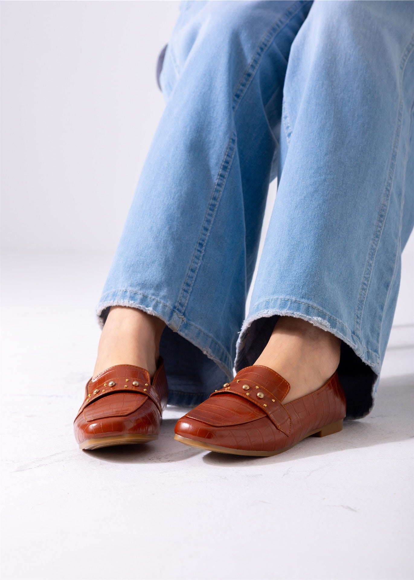 Square Toe Studded Flats-camel