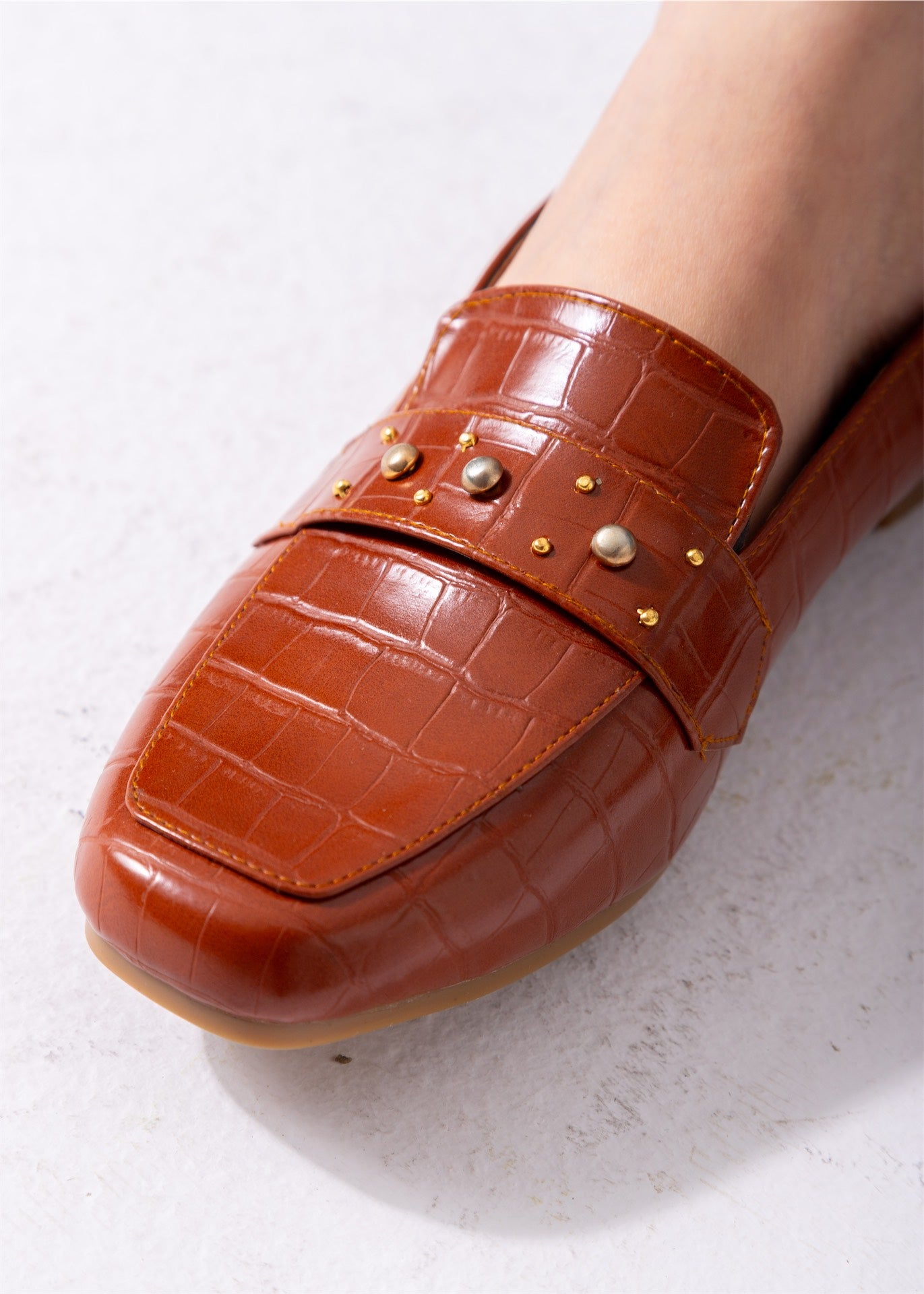 Square Toe Studded Flats-camel