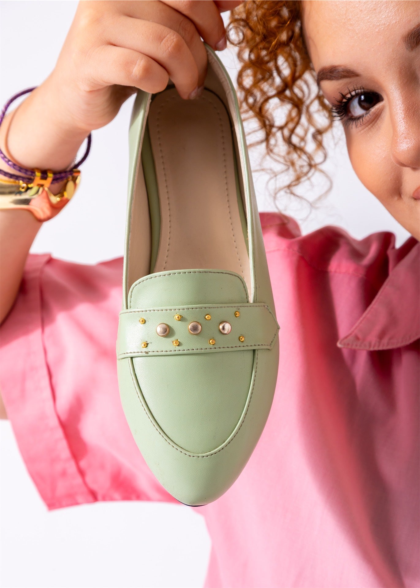 Pointed Stud Detail Flats-mint green