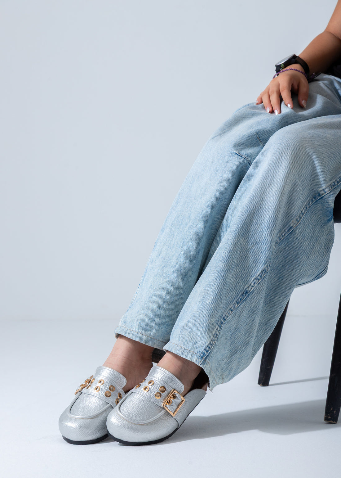 Metallic Studded Buckle Clogs-silver
