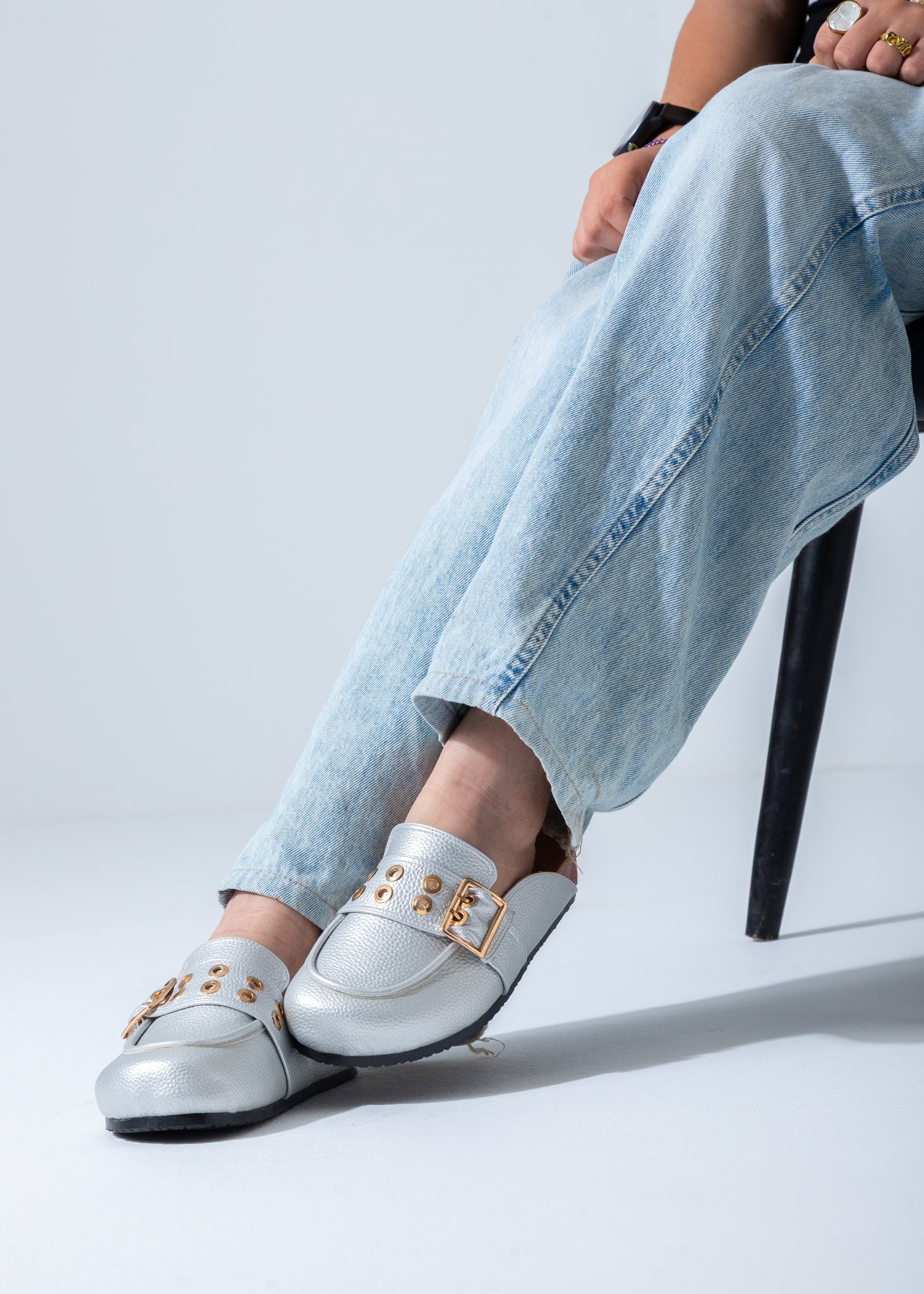 Metallic Studded Buckle Clogs-silver