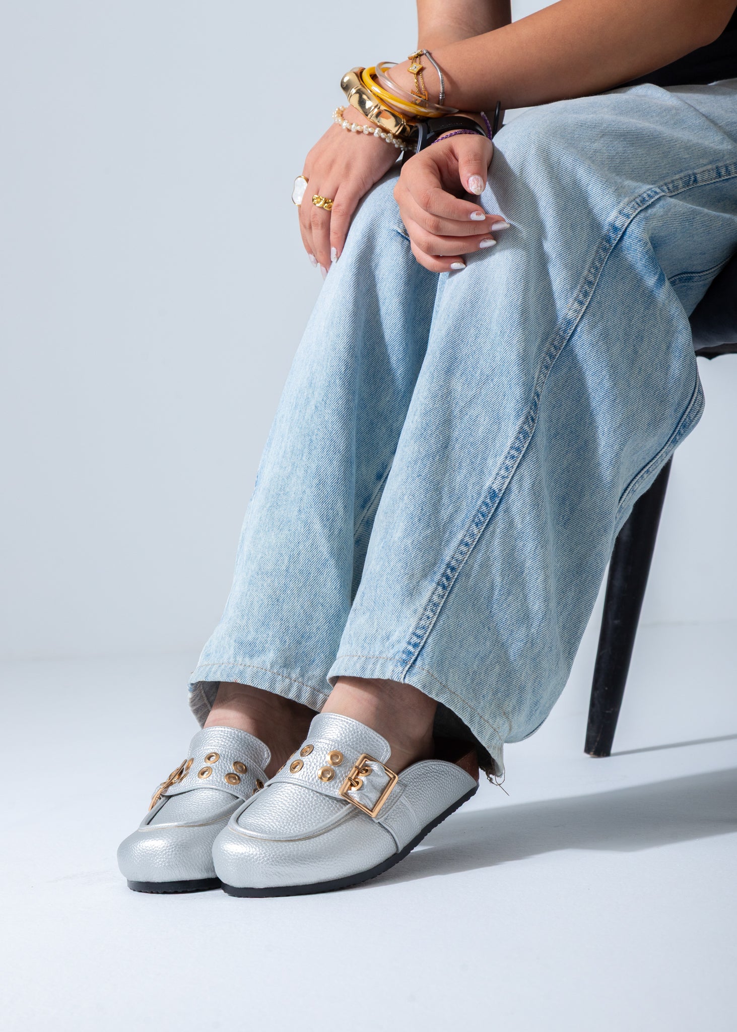 Metallic Studded Buckle Clogs-silver