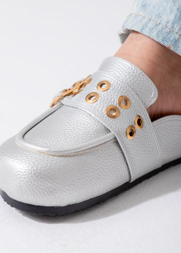 Metallic Studded Buckle Clogs-silver
