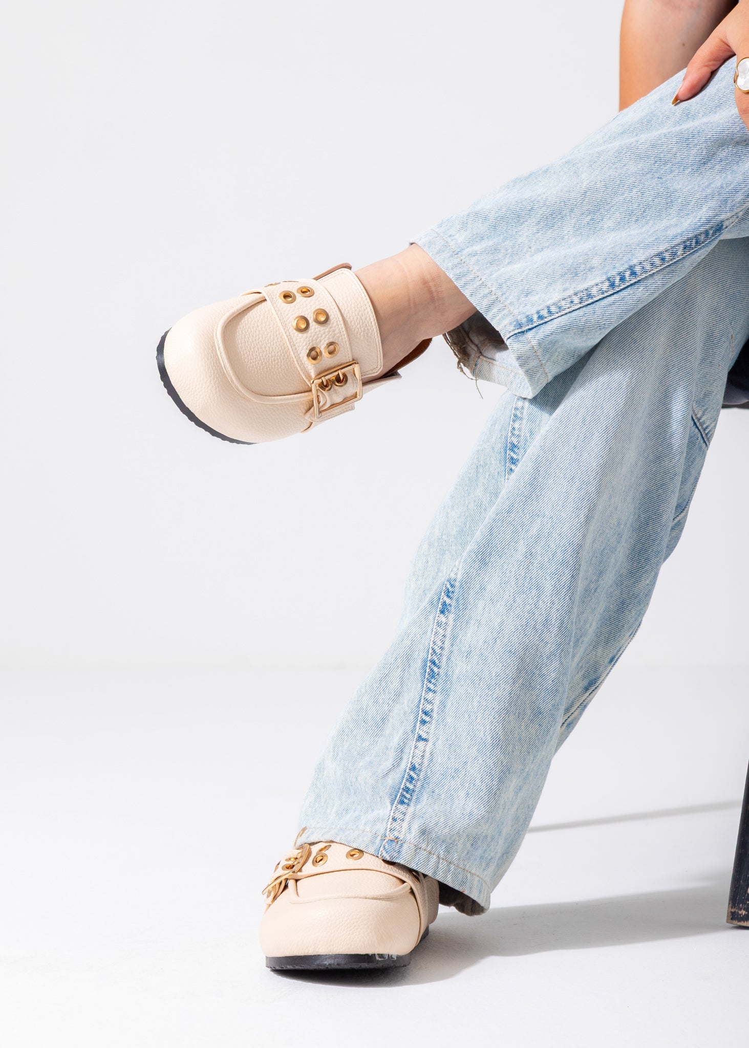 Metallic Studded Buckle Clogs-beige