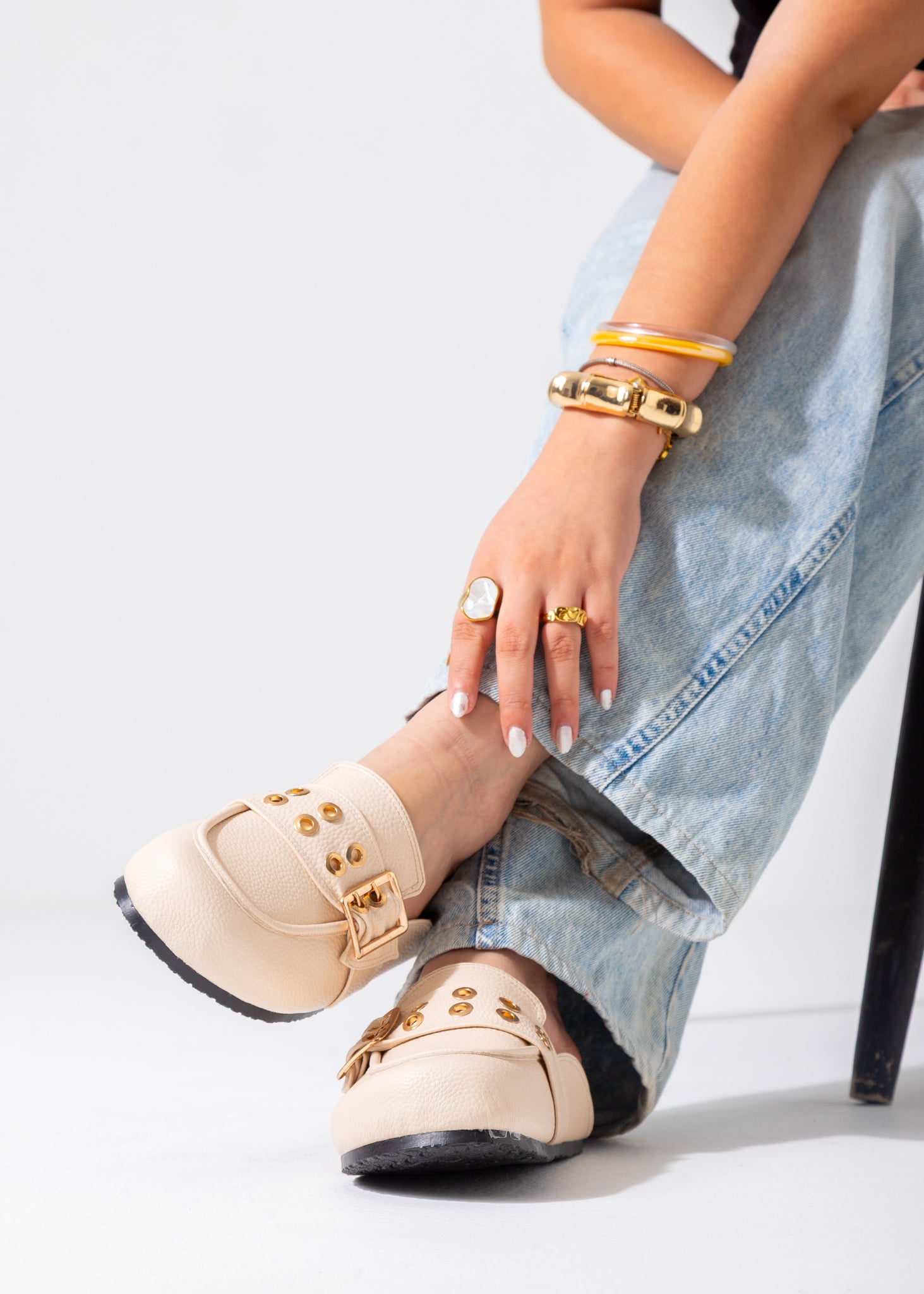 Metallic Studded Buckle Clogs-beige