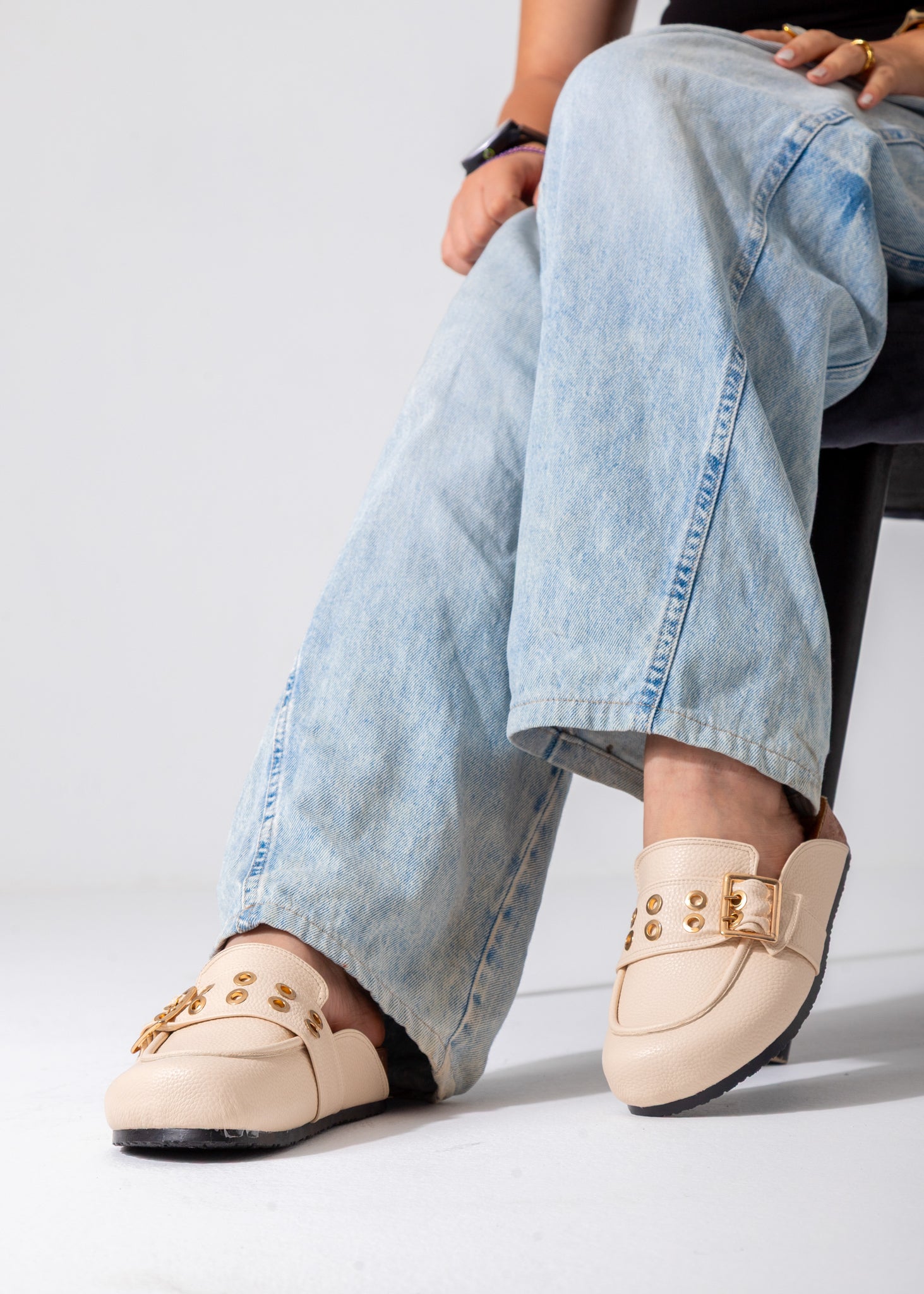 Metallic Studded Buckle Clogs-beige