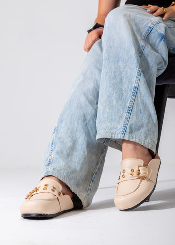Metallic Studded Buckle Clogs-beige