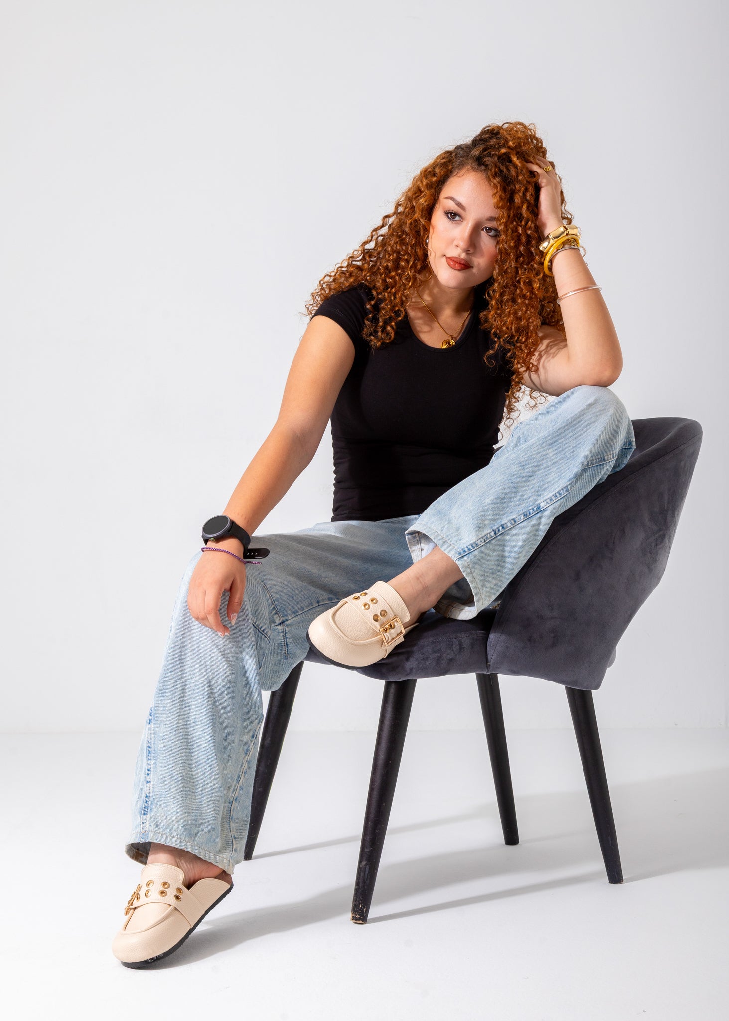 Metallic Studded Buckle Clogs-beige