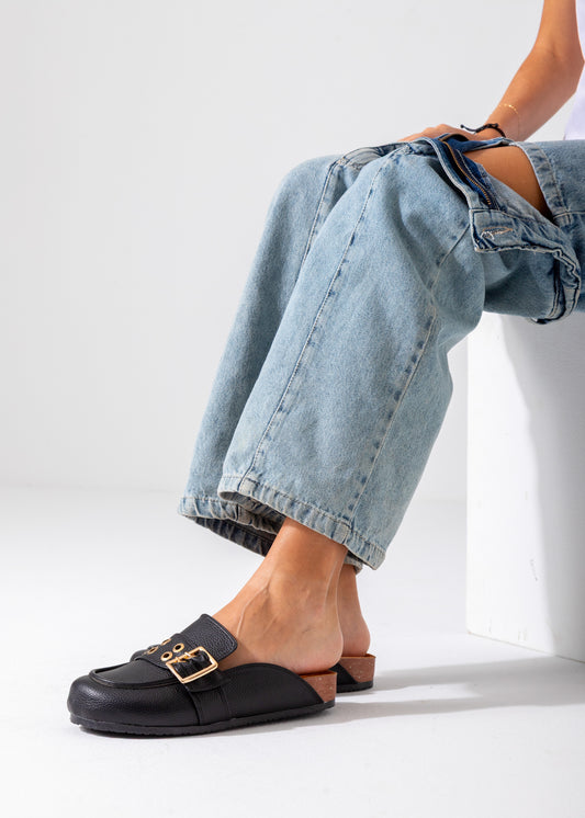 Metallic Studded Buckle Clogs-black