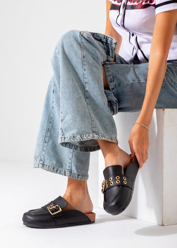 Metallic Studded Buckle Clogs-black