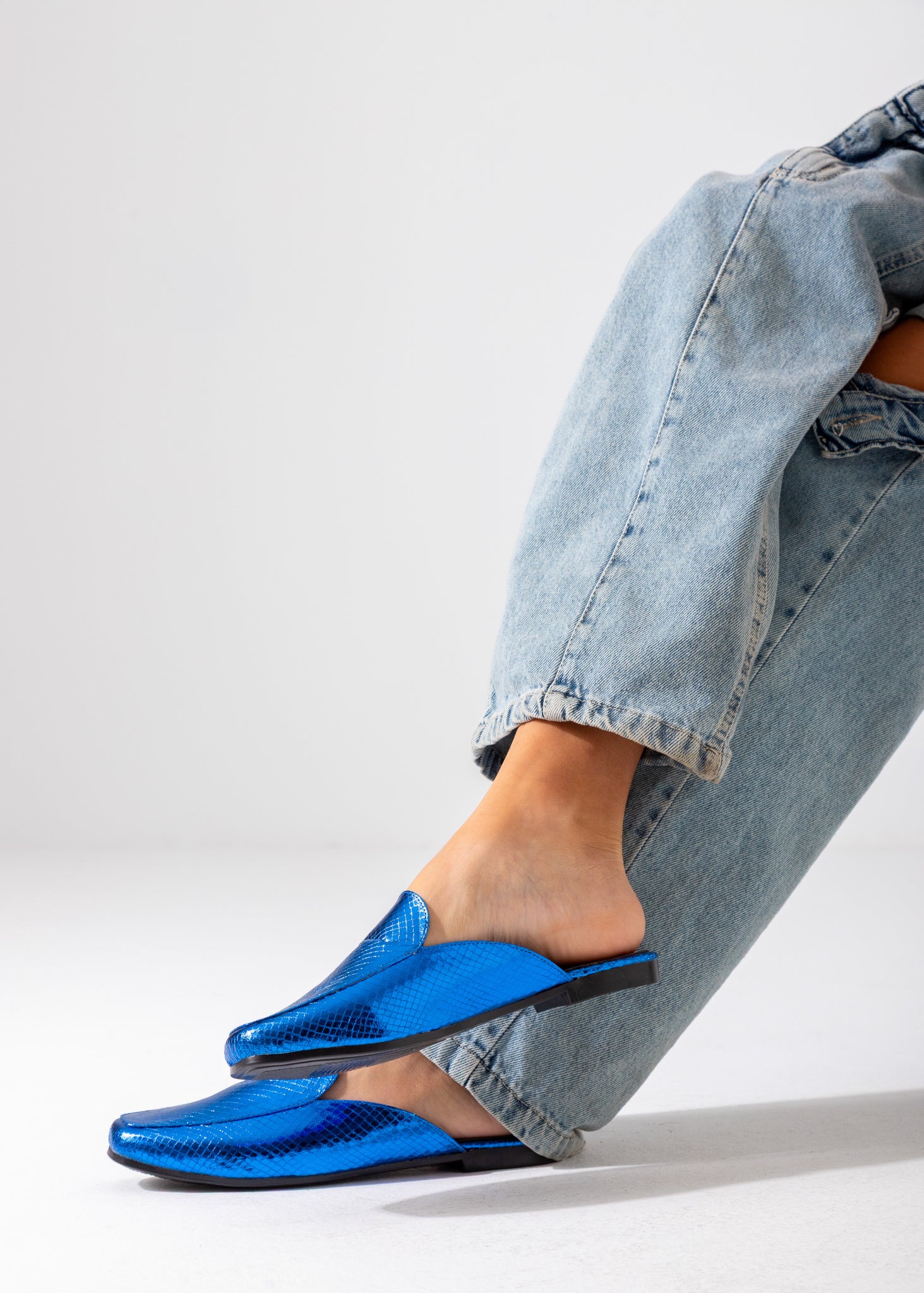 Metallic Snake-Embossed Mule-blue