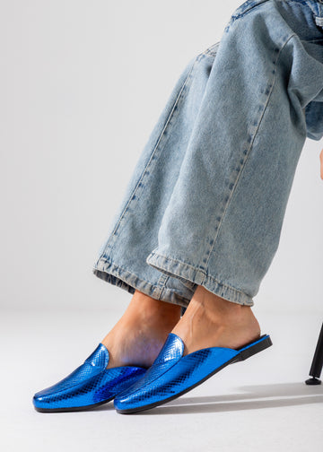 Metallic Snake-Embossed Mule-blue