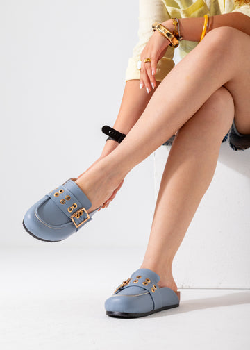 Metallic Studded Buckle Clogs-baby blue