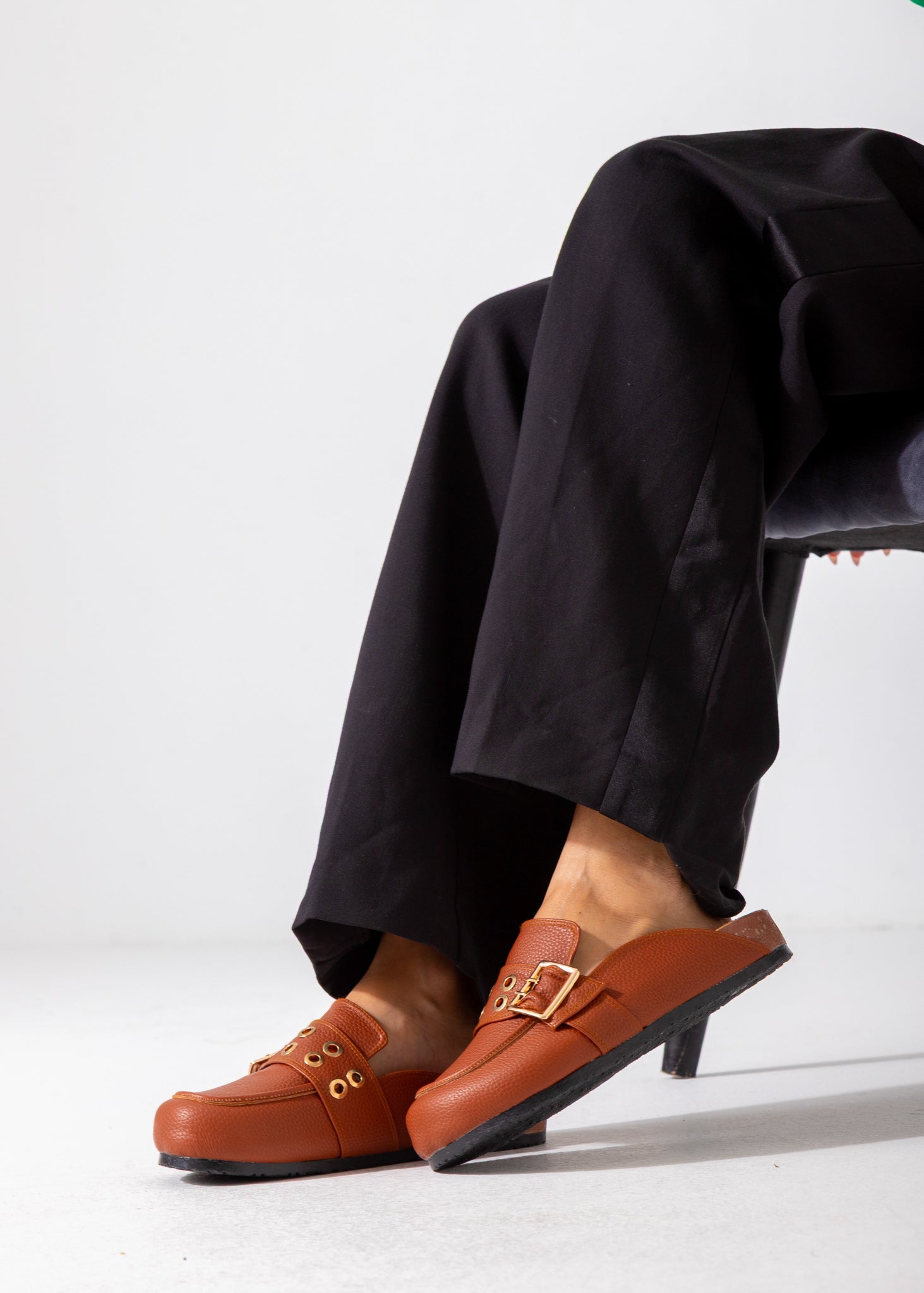 Metallic Studded Buckle Clogs-camel