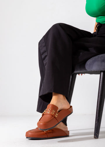 Metallic Studded Buckle Clogs-camel