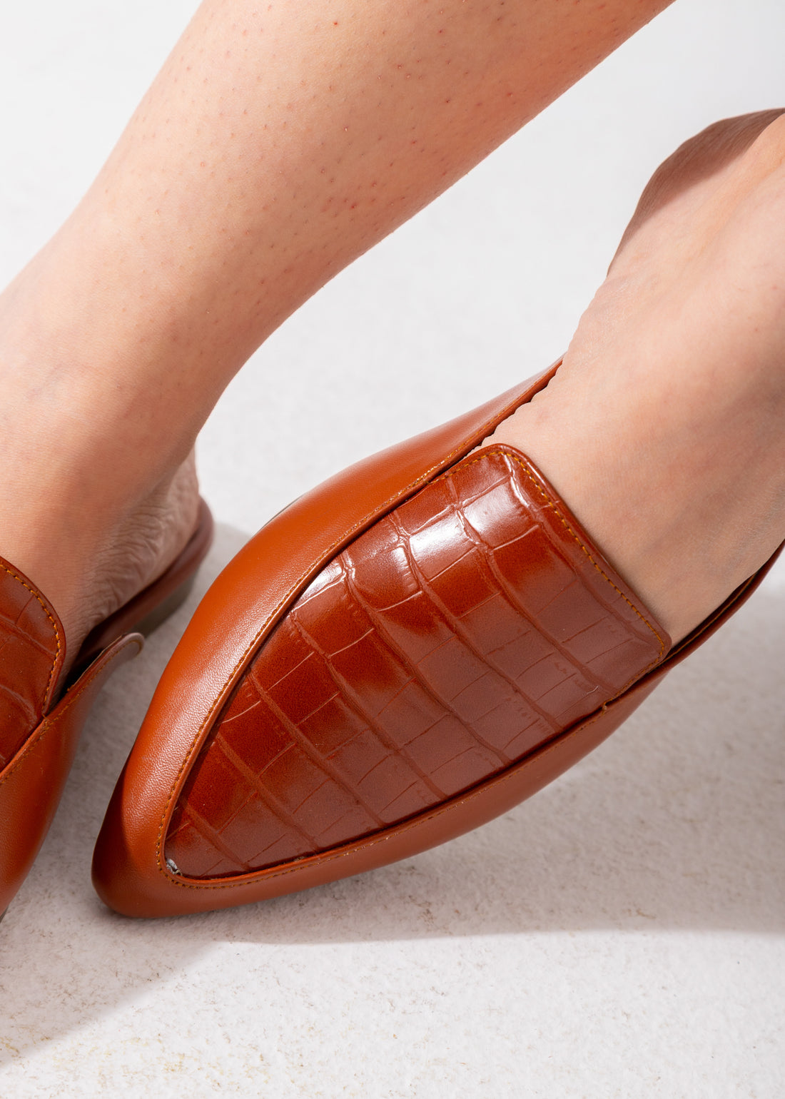 Croc-Embossed Pointed Mule-camel